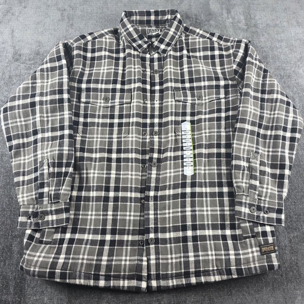 Duluth Trading Co Shirt Jacket Mens XL Black Grey Plaid Fleece Flapjack Flannel